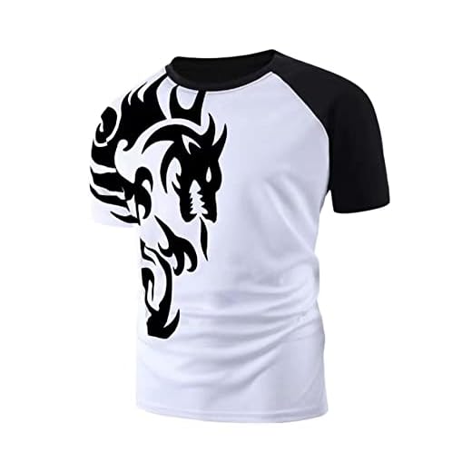 Romwe Men's Casual Dragon Graphic Print Colorblock Short Sleeve Round Neck Novelty Tee Shirts Top Black and White L