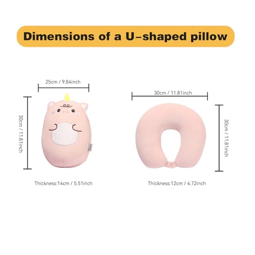 Image of Kids Travel Pillow - 2-in-1 Deformable Kids Neck Pillow for Traveling, Soft U-Shaped Pillow with Adorable Animal Design, Comfy Sleep and Play, Ideal for Airplanes and Cars - Pink Unicorn