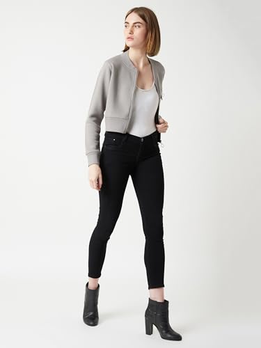 Image of Miss Chase Women's Off White V-Neck Full Sleeves Bomber Cropped Jacket