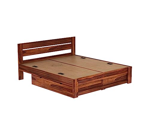 Image of MURARAKA ARTWooden Queen Size Cot with Drawer Storage - Solid Wood Queen Bed - Cot Akka Bed - Stylish Bedroom Furniture (Queen, Denzel, Honey Finish)