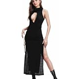 Gothic Rave Outfits Long Black Dresses for Women Side High Double Split Maxi Dress with Slit Cut Out Festival Hooded Sexy Club Dress for Women Date Night Party Clubwear Clothes