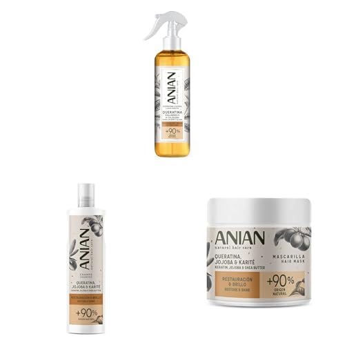 ANIAN - Pack de Champú, Mascarilla y Queratina Líquida de Queratina, Jojoba y Karité - Para Pelo Dañado y Encrespado, Restauración y Brillo, Repara Fibra Capilar