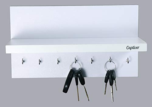 Image of Captiver Engineered Wood Wall Mounted Key Holder with Storage Shelf (7 Hooks, White) Decor Items Display Keychain Hanging Office Organizer