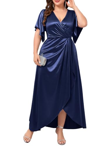 TIARALY Women's Plus Size Formal Satin Dress V Neck Wrap Ruched Maxi Evening Gown Cocktail Party Wedding Guest Dresses, Navy, 2X