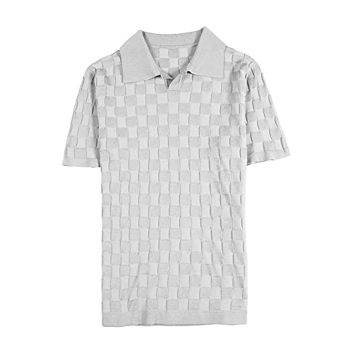 Men's Quarter Cotton Button Pullovers Lapel Collar Golf T Shirts Short Sleeve Textured Pullover for Men (Grey,Large)