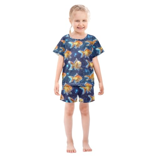 ALAZA Goldfish Galaxy Nebula Pajamas Set Short Sleeve Cotton Sleepwear Summer Pjs 2 Piece 5-14Y3