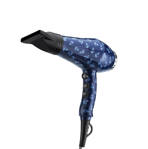 Zephir, Asciugacapelli Professionale, Fantasia 'Ancore', Potenza 2000W, 2 velocità, 3 livelli di temperatura, Colpo di Freddo, Concentratore e Diffusore inclusi, Con Tote Bag della Stessa Fantasia.