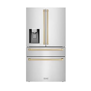 ZLINE 36″ Autograph Edition 21.6 cu. ft Freestanding French Door Refrigerator with Water and Ice Dispenser in Fingerprint Resistant Stainless Steel with Champagne Bronze Accents (RFMZ-W-36-CB)