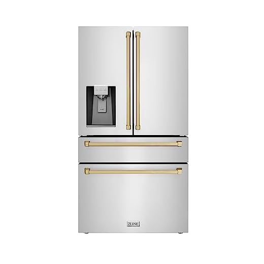 ZLINE 36" Autograph Edition 21.6 cu. ft Freestanding French Door Refrigerator with Water and Ice Dispenser in Fingerprint Resistant Stainless Steel with Champagne Bronze Accents (RFMZ-W-36-CB)