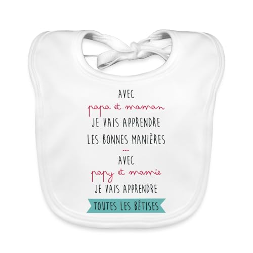 Spreadshirt® Bêtises Avec Papy Et Mamie Annonce Grossesse Bavoir Bio Bébé, blanc