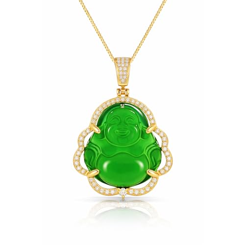 Jacruces Jade Buddha Necklace for Women & Men Pink Green Laughing Buddha Chain Pendant with 18k Gold Plated Chain Iced Out Bling Cubic Zirconia Lucky Necklace Jewelry Gift