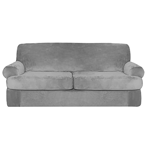 Ulticor 3-Piece T- Shape Cushion Velvet Stretch Sofa Cover For Extra-Wide 2 Cushion Sofa, Soft Luxury Thick Velvet Sofa Cover, Machine Washable (Light Grey, T-Shape Cushion 2 Seater Sofa Cover) #TOP23