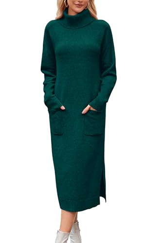 Arach&Cloz Strickkleid Damen Lang Wool Blend Winterkleid Rollkragen Pulloverkleid mit Tasche Lose Herbst Winter Kleid Green,L