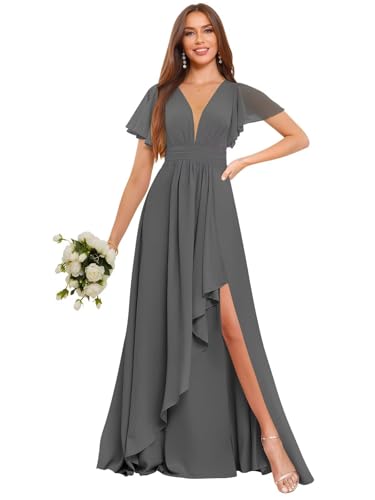 Image of Deep V Neck Chiffon Bridesmaid Dresses Ruffle Formal Dress with Sleeves Pleated High Low Evening Gowns for Women