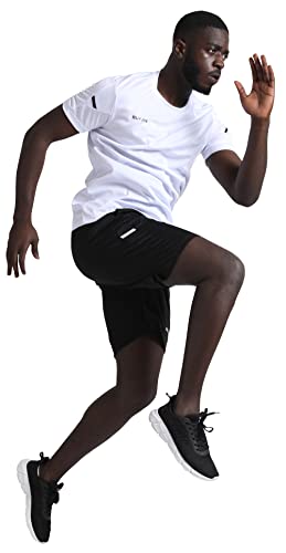 BUYJYA Men's Workout Clothes Athletic Shorts Shirt Set 3 Pack for Basketball Football Exercise Training Running Gym White