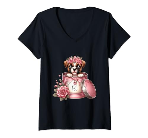 Mujer Boxer Puppy, cubo de flores rosas, perro bóxer, Camiseta Cuello V
