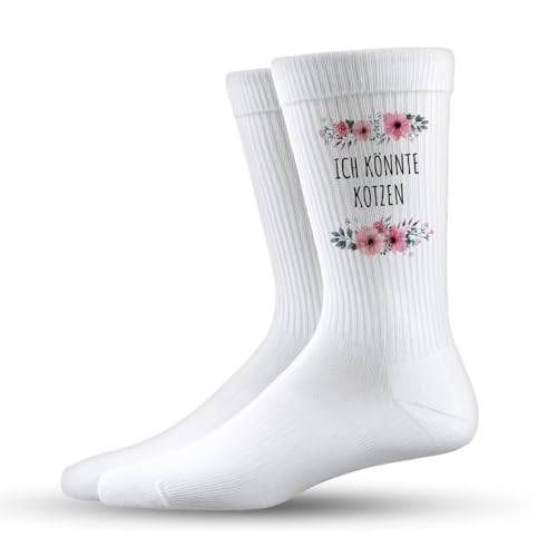 Tassenbrennerei Lustige Tennissocken mit Spruch Ich könnte kotzen Blumenmotiv Witzige Socken als Geschenk für Damen und Herren (Schwarz/37)
