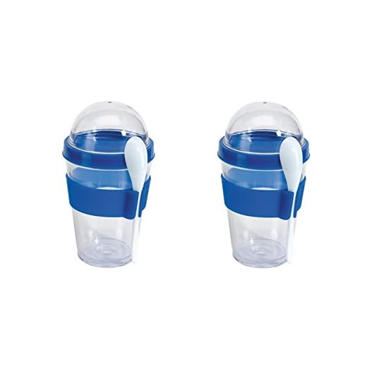 Vasos para cereales y yogur, 2 unidades, tapa con rosca, incluye cuchara y soporte, color azul