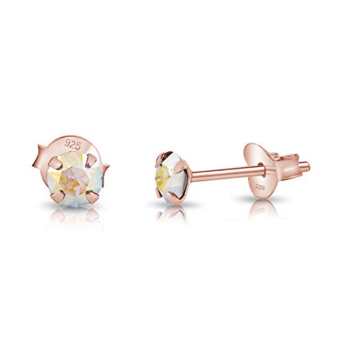DTPSilver - 925 Sterling Silver Rose Gold plated Round SMALL Stud Earrings made with Glittering Crystals from Swarovski® Elements - Diameter: 4 mm - Colour : Aurora Borealis