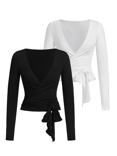 SweatyRocks Women's Pilates Outfits Wrap Tops Ballet Yoga Coquette Shirt Cute Long Sleeve Workout Activewear Black and White Medium