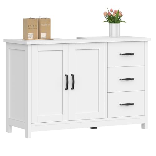 TEENFON Pedestal Sink Storage Cabinet with 2 Doors & 3 Drawers Bathroom Sink Cabinet Under Sink Storage with U-Shape Cut-Out White