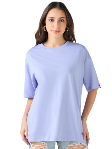 Image of Bewakoof Women's Solid Oversized Fit Half Sleeve Round Neck Cotton Jersey T-Shirt