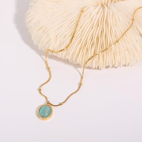 Collier en acier de synthèse or avec pendentif ovale vert - 3