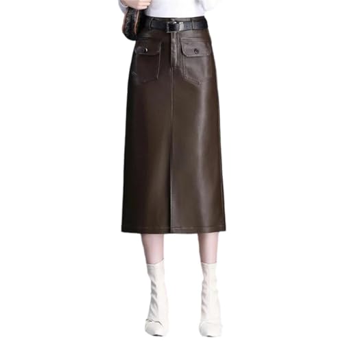 Women Leather Bodycon Skirts Front Slit Elastic Waist Straight Skirt