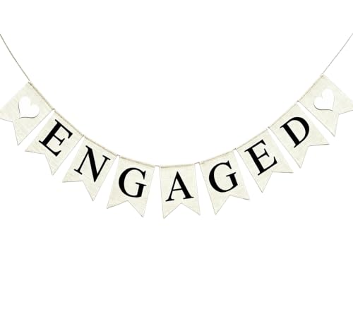 Pre-Strung Burlap Engaged Banner, Rustic Engagement Party Decoration Bunting Garland, White with Black Letters
