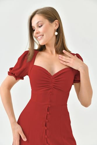 Image of Shasmi Girl's & Women's Solid Midi Dress - Elegant Square Neck Button-Down Dress with Puff Short Sleeves | Stylish Casual & Party & Office Wear Outfit (Dress 105)