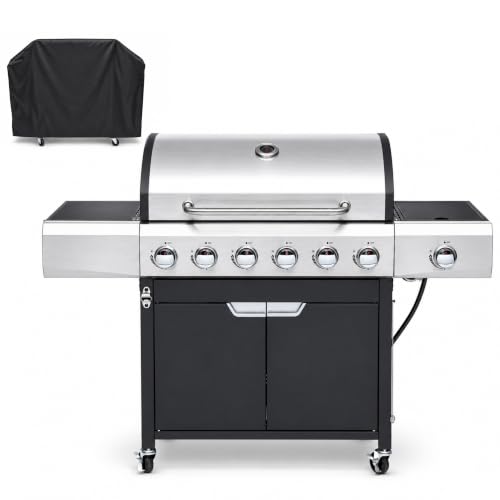 Endark 6-Burner Propane Gas Grill with Side Burner – 68,500 BTU Stainless Steel Outdoor BBQ, Porcelain Coated Grates, Rolling Wheels & Cover for Patio, Backyard, Garden