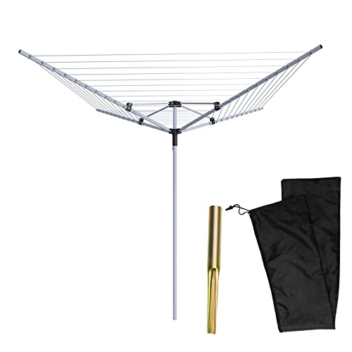 FunkyBuys 60M Rotary Washing Line | 4 Arm Washing Line Rotary Airer | Dryer Clothes Lines for Outside & Whirlygig Rotary Washing Lines Outdoor with Metal Ground Spike & Water Proof Cover