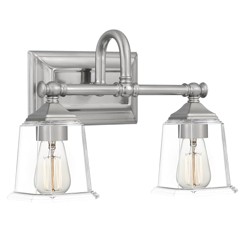 Image of Quoizel Nicholas 15 inch Vanity Light, Brushed Nickel, Clear Glass | 2-Light, Dimmable, Reversible Mounting, ETL Damp Rated