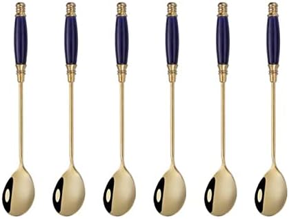 MBBITL Cucharas de cena clásicas de acero inoxidable con mango de cerámica de porcelana, paquete de 6 unidades, color azul y dorado