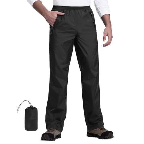 33,000ft Packable Rain Trousers Men's Waterproof Lightweight Bicycle Overtrousers Windproof Reflective Hiking Trousers for Golf Outdoor Fishing, black, XL / 32L