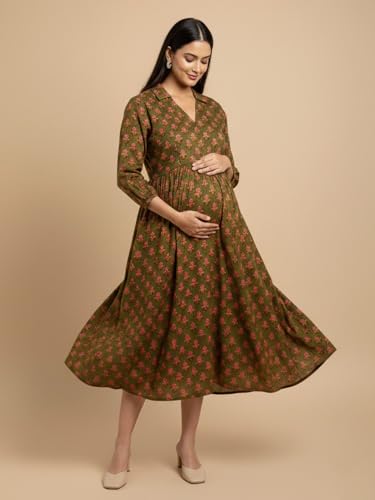 Image of The Mom Store Maternity and Nursing Dress | Pre and Post Pregnancy Dress for Womens | Zipper /Button Opening | Causal Wear | Trendy Stylish Causal Dresses for New Moms