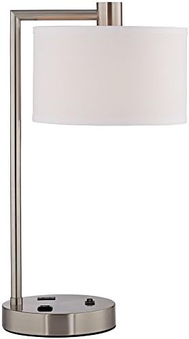 360 Lighting Colby Modern Desk Table Lamp with Hotel Style USB and AC Power Outlet in Base 21" High Brushed Nickel White Linen Drum Shade for Living Room Bedroom House Bedside Reading Home