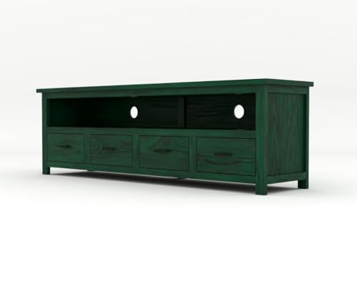 Image of Sheesham Solid Wood TV Cabinet for Living Room | Handcrafted Wooden TV Unit with Storage | Elegant Entertainment Stand for Modern Homes (4 Drawer Tv Cabinet, Rustid Green)