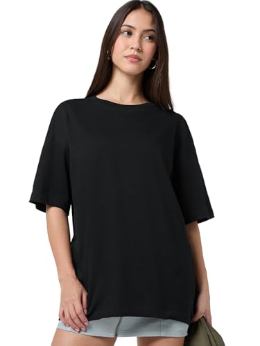 Image of Bewakoof Women's Solid Oversized Fit Half Sleeve Round Neck Cotton Jersey T-Shirt