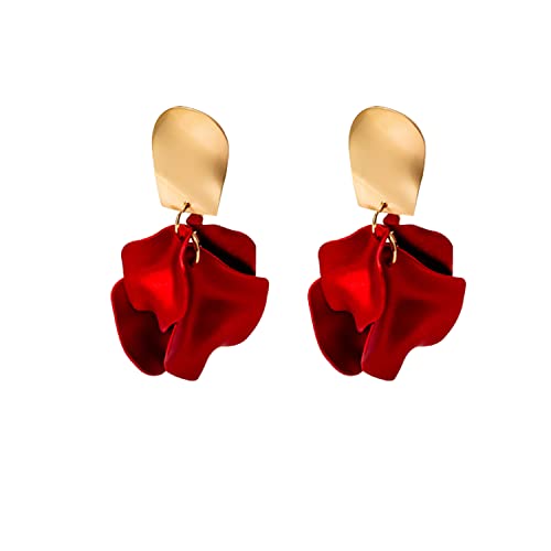 GUOXIAOMEI Chic Elegant Boho Red Rose Petal Dangle Resin Acrylic Tiered Matte Flower Earrings Statement Exaggerated Floral Tassel Earrings for Women (Red)