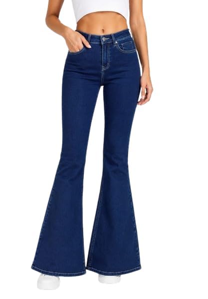 Image of Women's High Waist Bell Bottom Jeans | Flared Wide Leg Stretchable Denim Pants | Stylish Casual, Party & Everyday Wear | Denim Pant Suits | Bootcut Fit Design