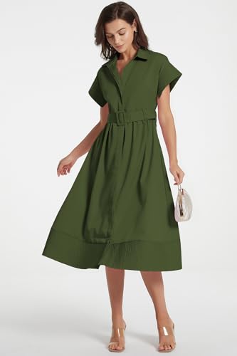 Image of Ladyful Women Casual Button Down Shirt Dress Short Wing Sleeve Buiness Midi Shirt Dress with Belt Elegant Dress