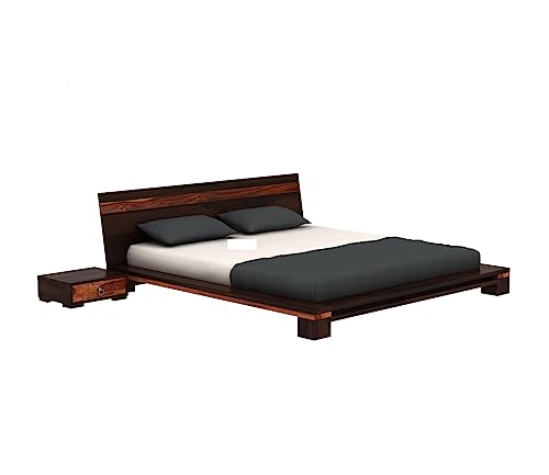Image of Solid Shesham Wood Wooden Queen Size Bed (Queen, Walnut Finish)
