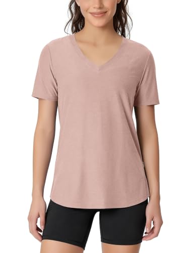 Image of ODODOS Women's Short Sleeve Performance V-Neck Tunic Tops, Ultra Soft odSTRATUM Tech Tee, Side Slit Relaxed T-Shirts