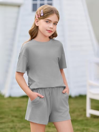 Image of Haloumoning Girls Summer 2 Piece Outfits Kids Oversized T Shirts and Shorts Clothing Sets 5-14 Years