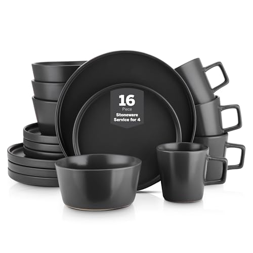 Stone Lain Celina Stoneware 16 Piece Dinnerware Set, Plates and Bowls, Black Matte Dish, Service for 4 – Minimalist Round Style, Microwave & Dishwasher Safe