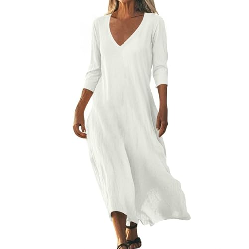 Damen Baumwolle Leinen V-Ausschnitt 3/4 Ärmel Kleid Sommer Casual A-Linie Locker Luftig Strandkleid Einfarbig Cocktail Partykleid mit Taschen Weiß...