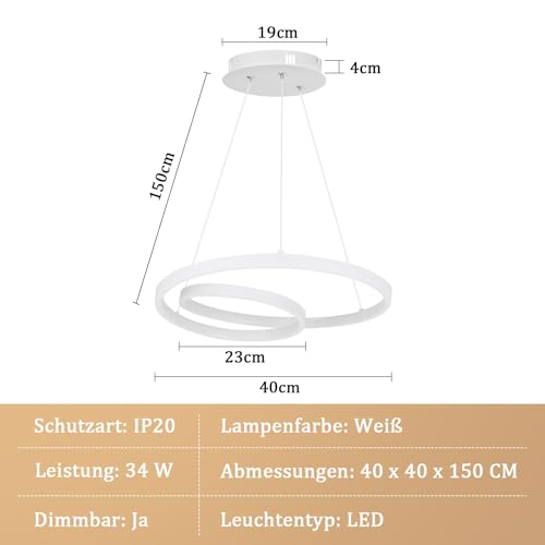 ZMH Pendelleuchte Esstisch Hängelampe LED: 40CM Weiß Hängend Lampe Dimmbar Hängeleuchte Design Esszimmerlampe Modern Esstischlampe mit Fernbedienung Pendellampe für Wohnzimmer Schlafzimmer Küche