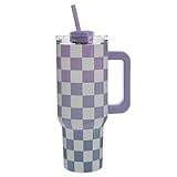 Hobby Lobby Insulated Checkerboard Travel Tumbler with Handle, 40 oz, Lavender and Silver, Straw Included