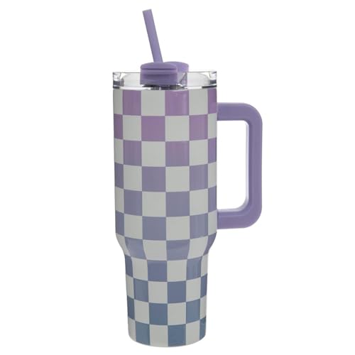 Hobby Lobby Insulated Checkerboard Travel Tumbler with Handle, 40 oz, Lavender and Silver, Straw Included